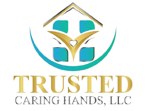 Trusted Caring Hands LLC logo featuring a gold and teal house with two abstract figures forming a heart, symbolizing compassionate home care and trust