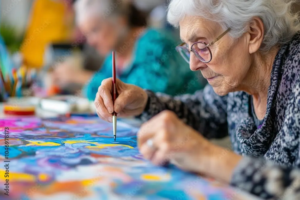 An elderly woman with curly white hair and glasses focuses intently on painting a colorful canvas, using a fine brush in her right hand. She is surrounded by a vibrant array of paints and art supplies on the table, suggesting a creative and engaging environment. Another individual is partially visible in the background, also engaged in painting. The scene captures a moment of concentration and artistic expression, highlighting the joy of creativity in older age.