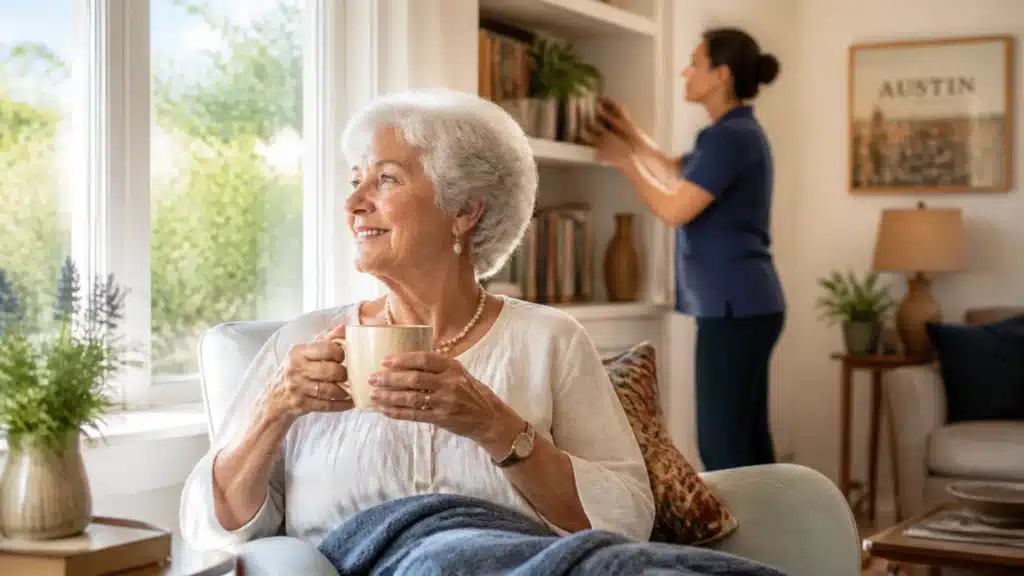 Smiling elderly woman sits by a sunlit window, holding a mug, with a blue blanket in her lap as a caregiver shelves books in the background.